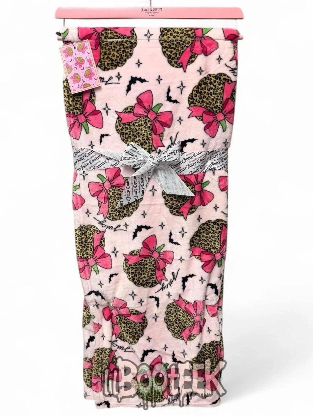 Juicy Couture Halloween Leopard Print Pumpkins w Bows & Bats Pink Plush Throw